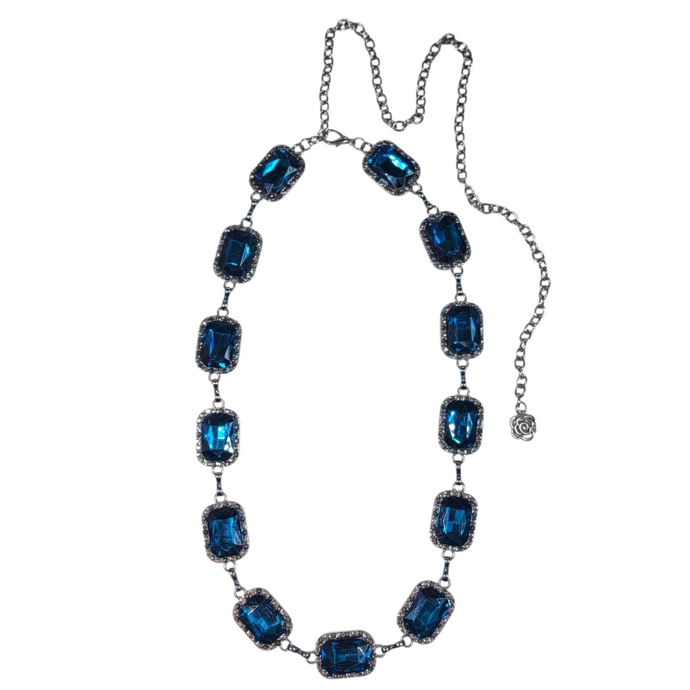 Blue Silver Tone Rhinestone Statement Necklace Chunky Victorian Revival Art Deco